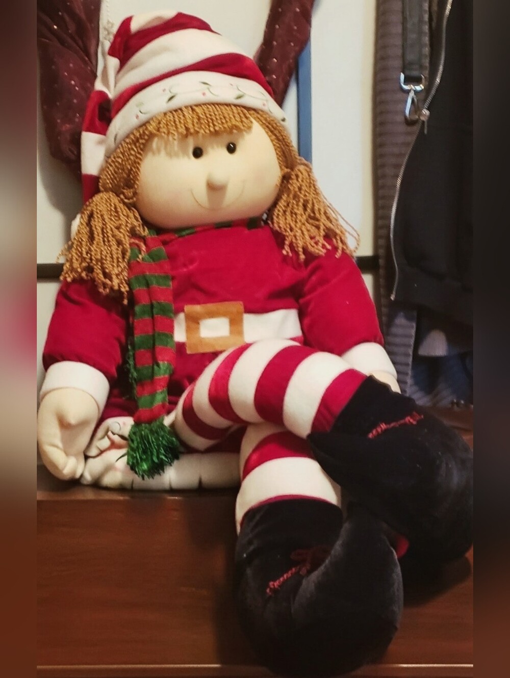 Festive Red & White Holiday Elf Doll with Striped Legs and Scarf